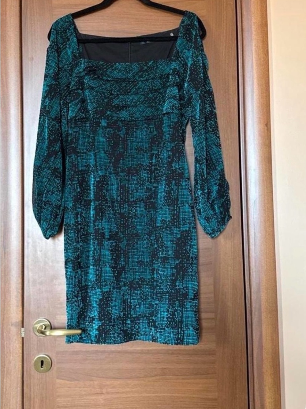 Andrew Marc Teal and Black Long-Sleeve Square Neck Dress